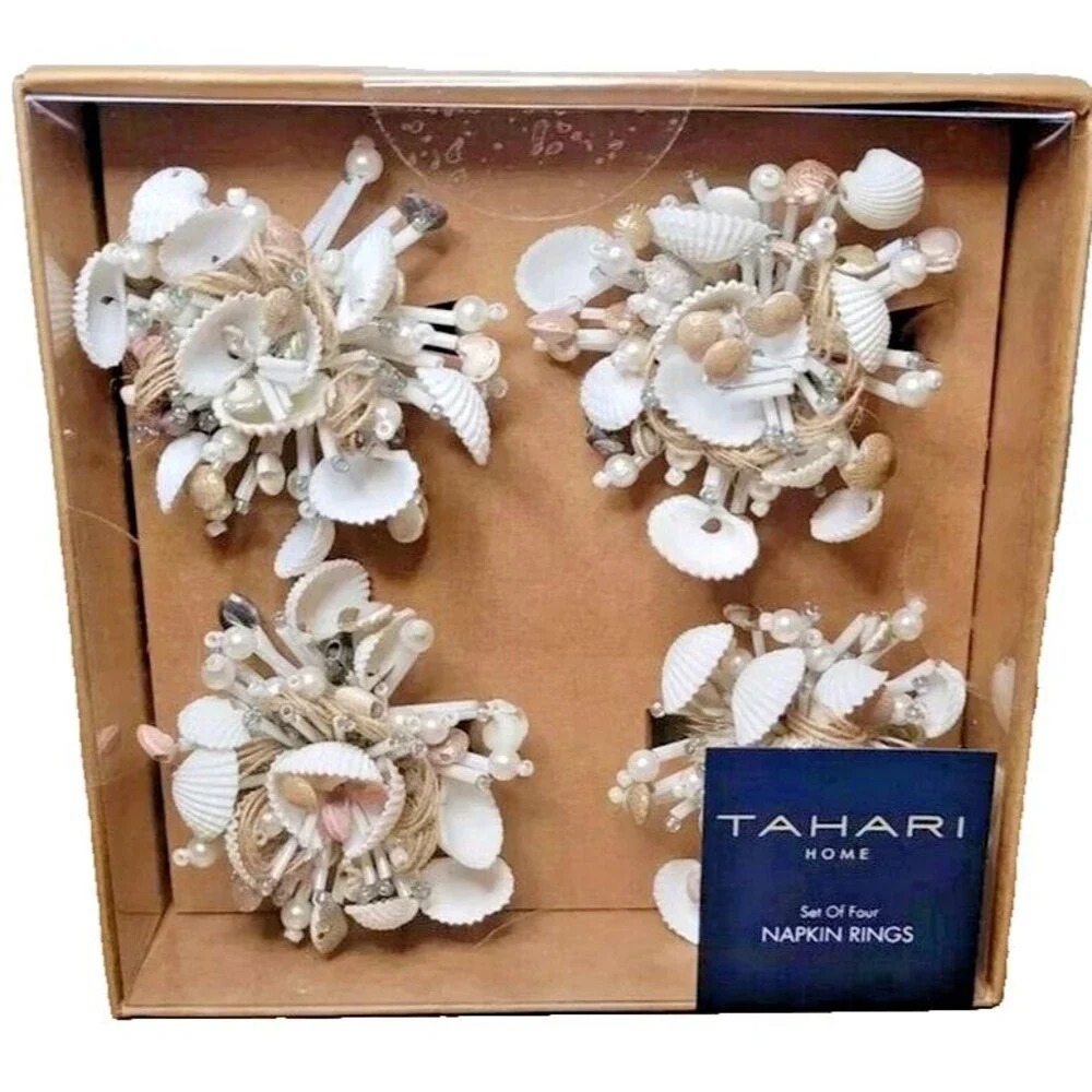Tahari Home Napkin Rings Shells Pearls Summer Nautical Coastal White Set Of 4